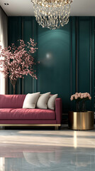  Modern interior of living room with pink sofa 3d rendering Bold and Moody Burgundy charcoal gold dark teal Realism