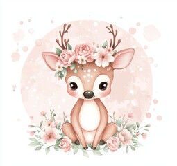 Adorable baby deer illustration for kindergarten and nursery, perfect for children's clothing and patterns. Hand-drawn watercolor design suitable for phone cases, nursery posters, and postcards.