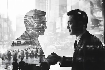 Businessmen Cityscape Double Exposure Deal