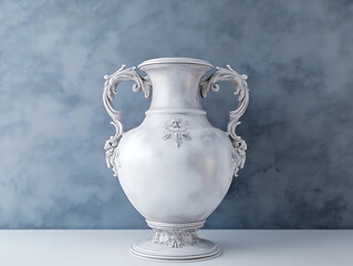  3D rendering of a white vase with handles in a minimalist style on a white table against a gray background Champagne Elegance Champagne blush cream silver Vintage Engraving