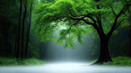 Naklejka premium Lush green forest with a large tree and misty atmosphere.