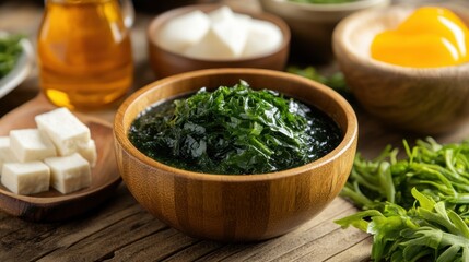 Steaming miso soup in an elegant wooden bowl, garnished with seaweed and tofu, authentic Japanese ambiance