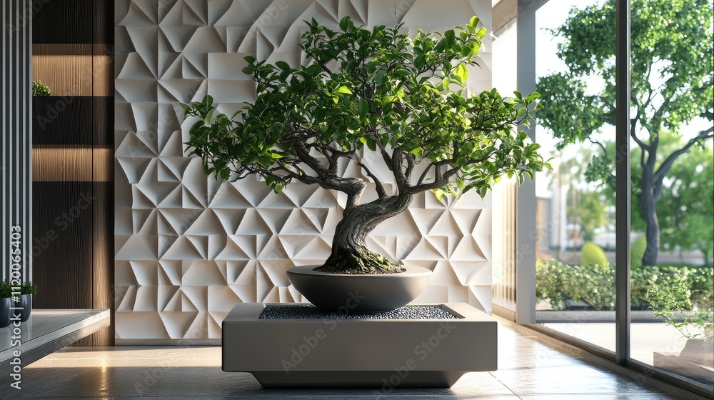 Poster stylish bonsai tree in a square planter, complementing the front corner of a home with geometric wal