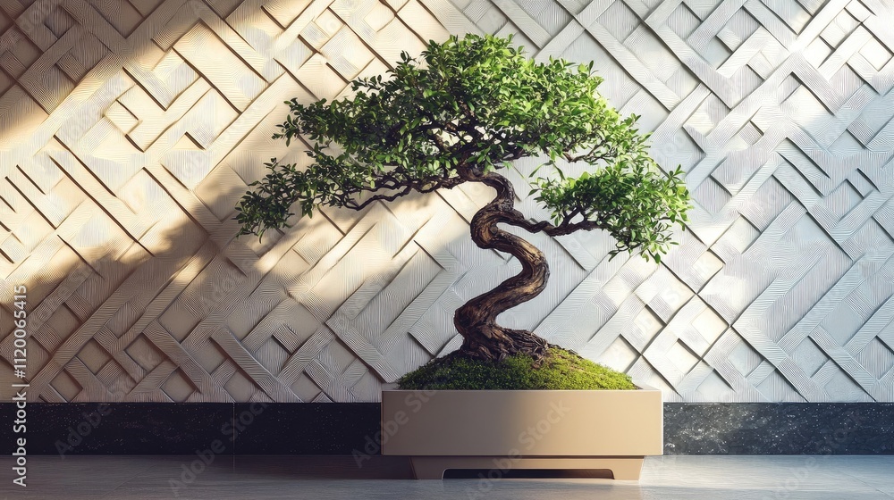 Poster stylish bonsai tree in a square planter, complementing the front corner of a home with geometric wal