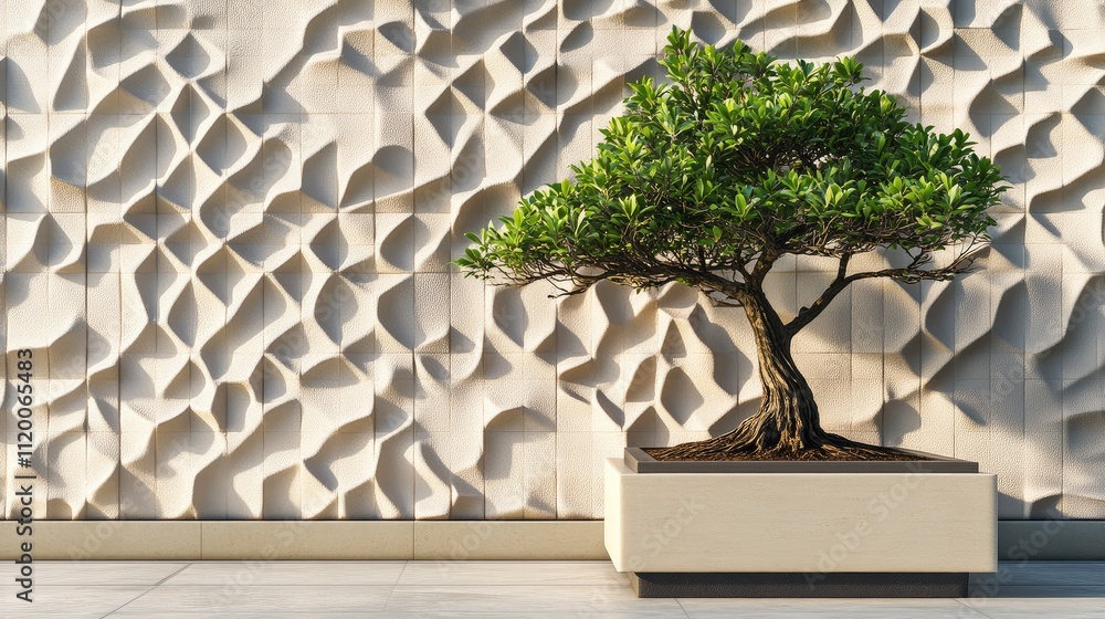 Poster stylish bonsai tree in a square planter, complementing the front corner of a home with geometric wal