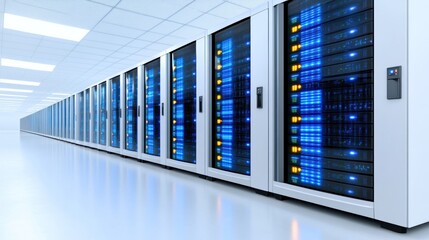 A row of server racks in a data center, showcasing technology.