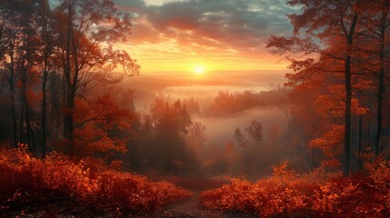 Serene Autumn Evening Glow in Quiet Forest