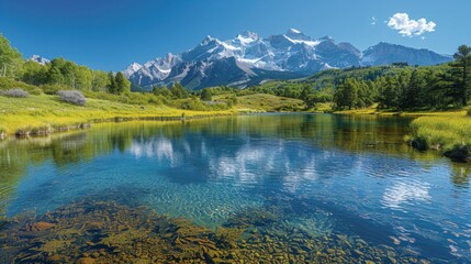 Fototapeta premium Serene Alpine Meadow with Crystal Clear Lake