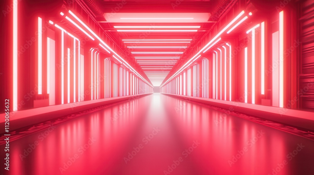 Poster a futuristic corridor illuminated by vibrant red neon lights, creating an immersive and dynamic atmo