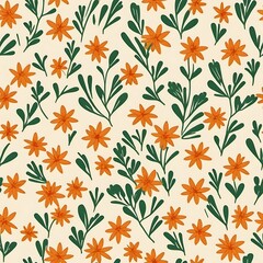 Floral Delight: A charming seamless pattern featuring orange flowers and dark green leaves on a warm beige background. Perfect for textile design, wallpaper, and surface patterns. 