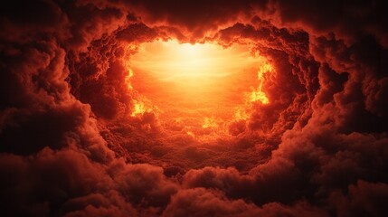 A fiery sun breaks through dark, swirling clouds, creating an intense, dramatic atmosphere filled with vibrant orange and red hues.