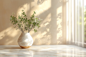  Minimalist still life photography of a plant in a white and gold vase on a marble table against a beige background Autumn Hues Rust pumpkin mustard dark green Futurism