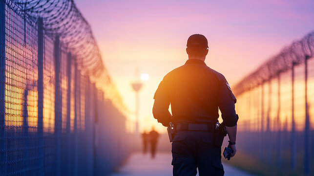 Corrections Officer Walking Along Prison Yard Fence
