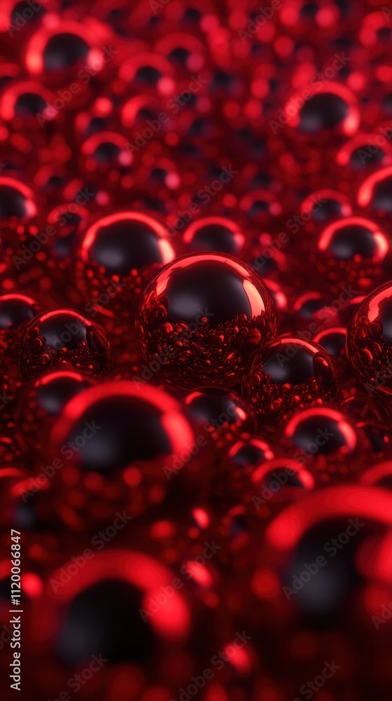 Poster a close-up of glistening red droplets, creating a striking visual with a glossy, textured appearance