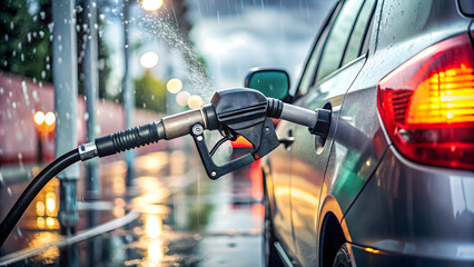 Naklejka premium Refueling car with gasoline at the gas station in rainy day