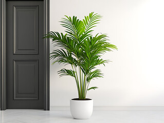 Fototapeta premium A tall yellow plant in a white pot sits in front of a white wall with a black door Fantasy Woods Deep green soft brown moss cream Screen Printing