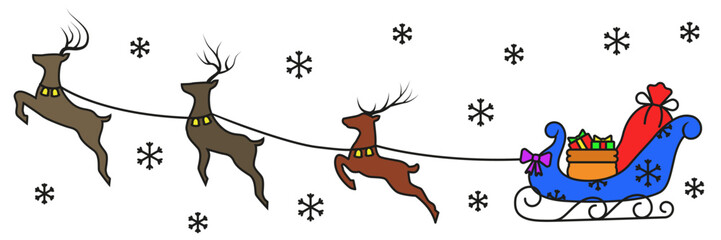 Colored silhouettes of reindeer and sleigh with stroke. Christmas and New Year celebration.