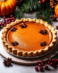 Winter season with classic pie concept. Delicious pumpkin pie with spices and autumn decorations
