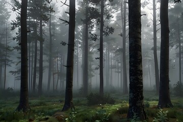 Fototapeta premium Trees in the fog. Smoke in the forest in the morning. Misty morning among the trees.