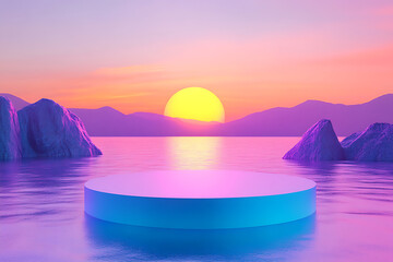 Vibrant Sunset Landscape with Geometric Platform