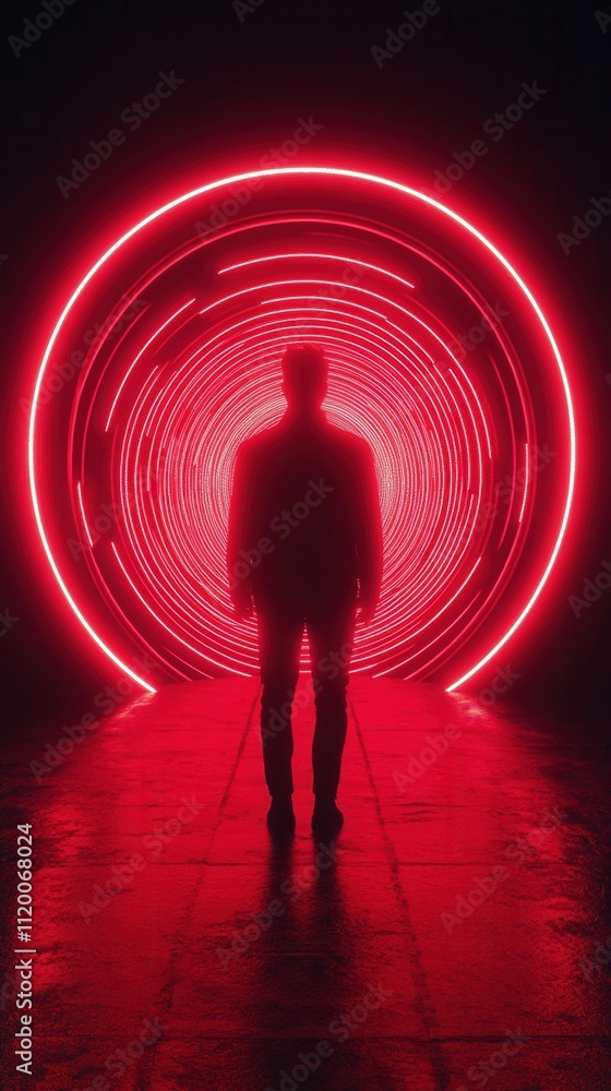 Poster a shadowy figure stands before a glowing red circular light, creating a striking contrast against a 