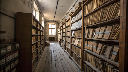 Old bookshelves in a library. Wooden drawers in the library, vintage style,