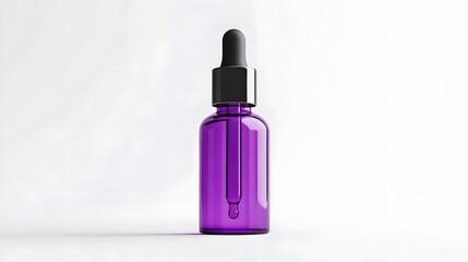 Transparent violet dropper bottle on a white background. Modern beauty on a white backdrop. Essential for skincare perfection.