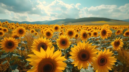 Obraz premium Sunflower Field Under Bright Summer Sky