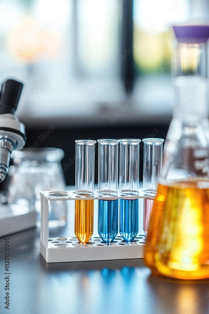 Aufkleber colorful test tubes in a lab setup with microscope and beakers.