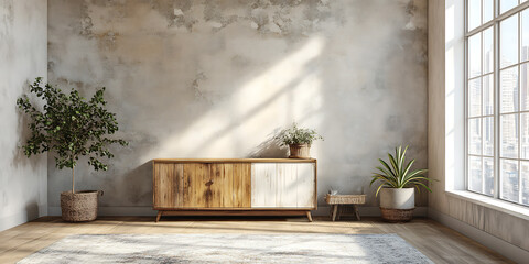  Wooden cabinet against of concrete wall 3d render Navy and White Deep navy white silver soft gray Kawaii Style