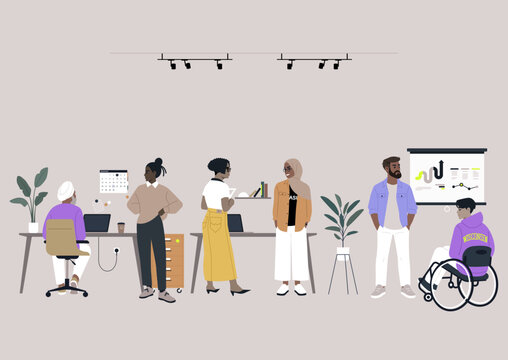 A vibrant office environment showcases a diverse team working together, discussing ideas, and engaging in creative problem-solving amidst stylish desks and greenery