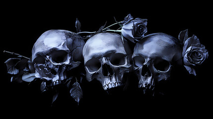 Vintage skull roses memento mori black background photography - gothic dark art still life. Oblivion. Illustration