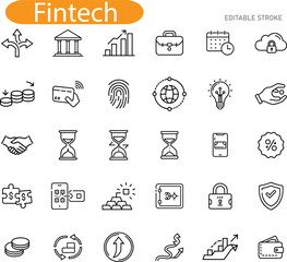 Fintech Icons Banking, Finance, Technology, Investment, and Security
