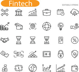 Fintech Icons Banking, Finance, Technology, Investment, Growth, Security