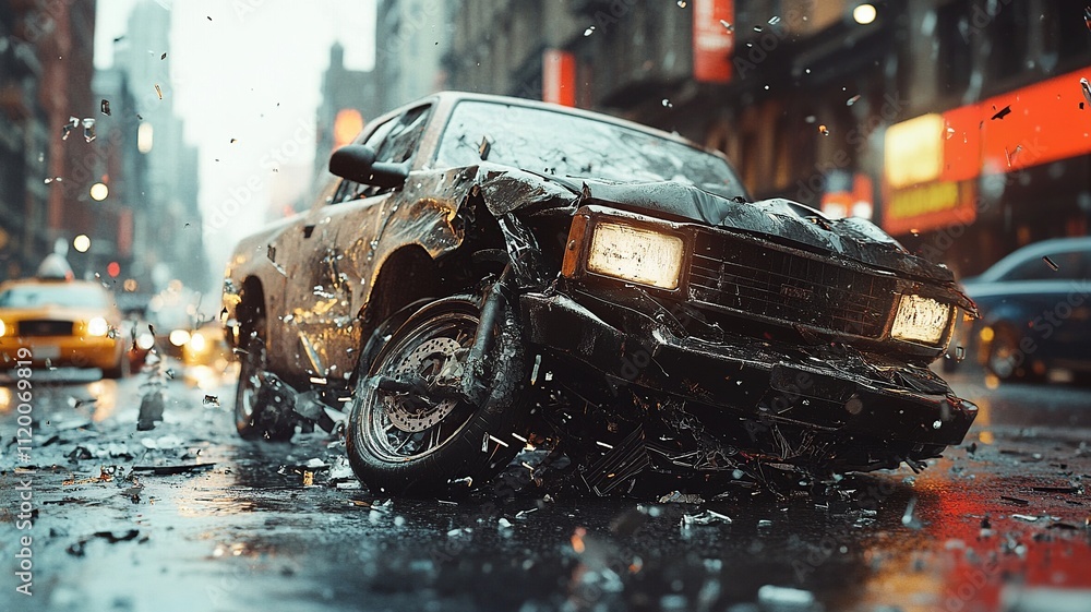 Poster a realistic photo capturing the collision between a pickup truck and a motorcycle. the image highlig