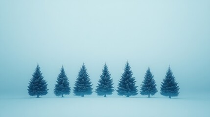 A row of six evergreen trees stand in a foggy, blue landscape.