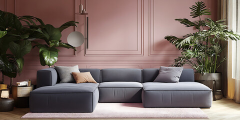  Grey sofa against tv unit Minimalist interior design of modern living room home Impressionist Garden Soft purple pink pale green sunny yellow Industrial Design Style