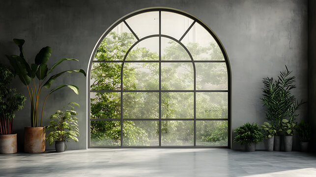  3D rendering of a large arched window with a white frame and green plants on the sides in front of it Riverbank Olive green khaki stone gray water blue Kawaii Style