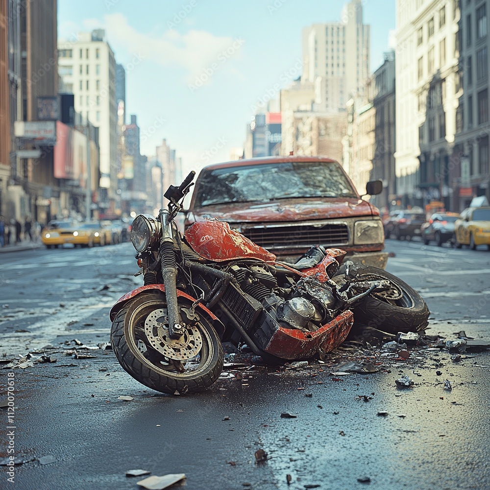 Poster a realistic photo capturing the collision between a pickup truck and a motorcycle. the image highlig