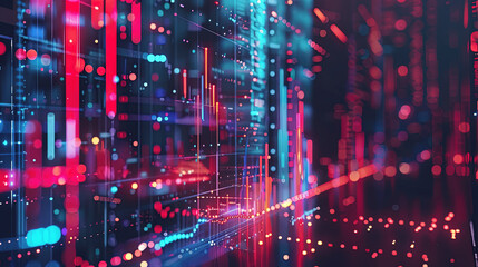 Obraz premium The image depicts an abstract representation of data using vibrant neon lights and graphical elements suggesting technological or financial trends.