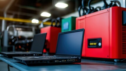 For emergency business protocols, A power outage scene with emergency lighting, laptops, and backup generators in action in a modern medical facility, showcasing teamwork and dedication in medicine.