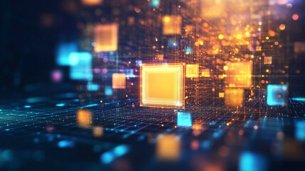 Obraz premium abstract digital background blue-pink, A glowing firewall icon represented by a burning digital wall on a background 