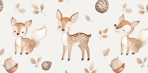 Seamless pattern featuring woodland creatures, including leaves, mushrooms, deer, and squirrels in an autumn forest.