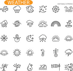 Weather Icons Sun, Rain, Snow, Wind, Clouds, Moon, Editable Stroke