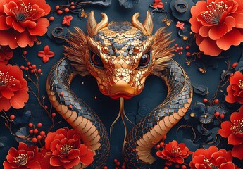 Obraz premium Snake with Red Flowers.