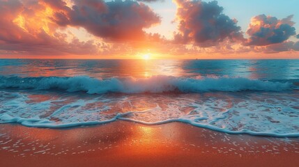 Vibrant Sunset Over Tranquil Beach and Ocean Waves