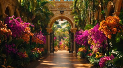 Fototapeta premium A sunlit path through a lush, tropical garden leads to a grand archway with ornate details.
