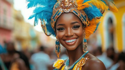 A young woman in a colorful feathered headdress smiles brightly at the camera during a carnival celebration.