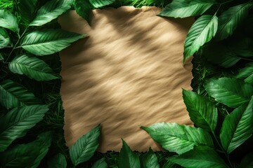 Fototapeta premium A textured paper surrounded by lush green leaves, ideal for notes or creative projects.