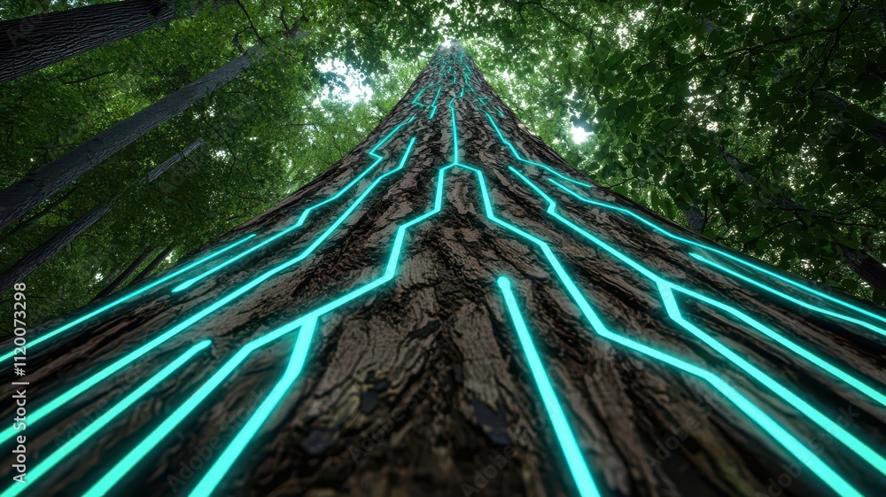 Poster a luminous tree with its bark resembling the etched lines of a computer chip.